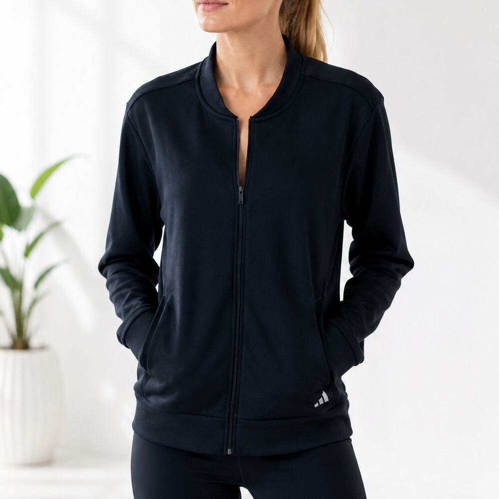 Adidas Womens Large Bomber Jacket Navy Blue Full Zip Squad Track Logo NWT